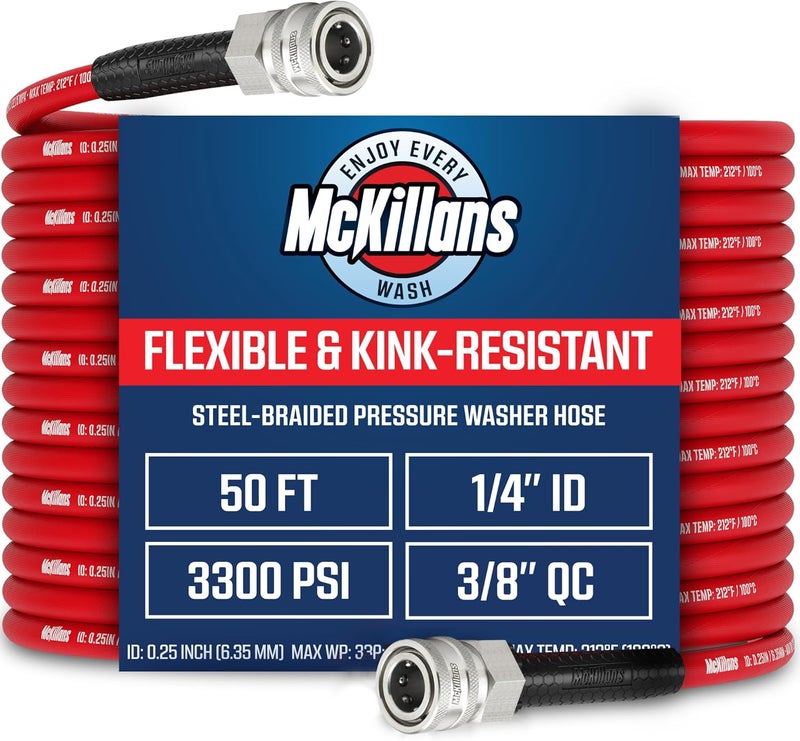 McKillans ® QC Installed Pressure Washer Hose 50 ft - Flexible & Kink-resistant - Steel-Braided & Durable- 3/8" QC Pre-Installed Stainless Steel - Power Washer Hose - High Pressure 1/4" Inner Diameter - Image 1